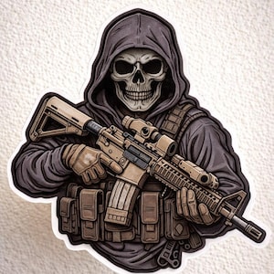 May include: A sticker featuring a skull wearing a hooded sweatshirt and holding a tan and black rifle. The skull has a detailed design, and the figure is wearing a tactical vest with pouches. The sticker has a white border.