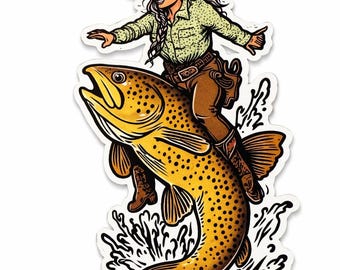 Trout Cowgirl Sticker Fly fishing Rainbow Brown Brook Trout Fishing Decal