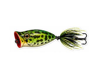 Puede incluir: Un señuelo de pesca verde y negro con boca roja y un anzuelo triple negro. El señuelo tiene un diseño de pez con un patrón moteado y una cola emplumada. El señuelo está diseñado para atraer peces.