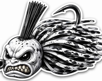Puede incluir: Una pegatina en blanco y negro que muestra un señuelo de pesca estilizado de aspecto agresivo con una cabeza redonda moteada, una cresta de cerdas, un gran anzuelo metálico en la parte posterior y largos filamentos de goma manchados.
