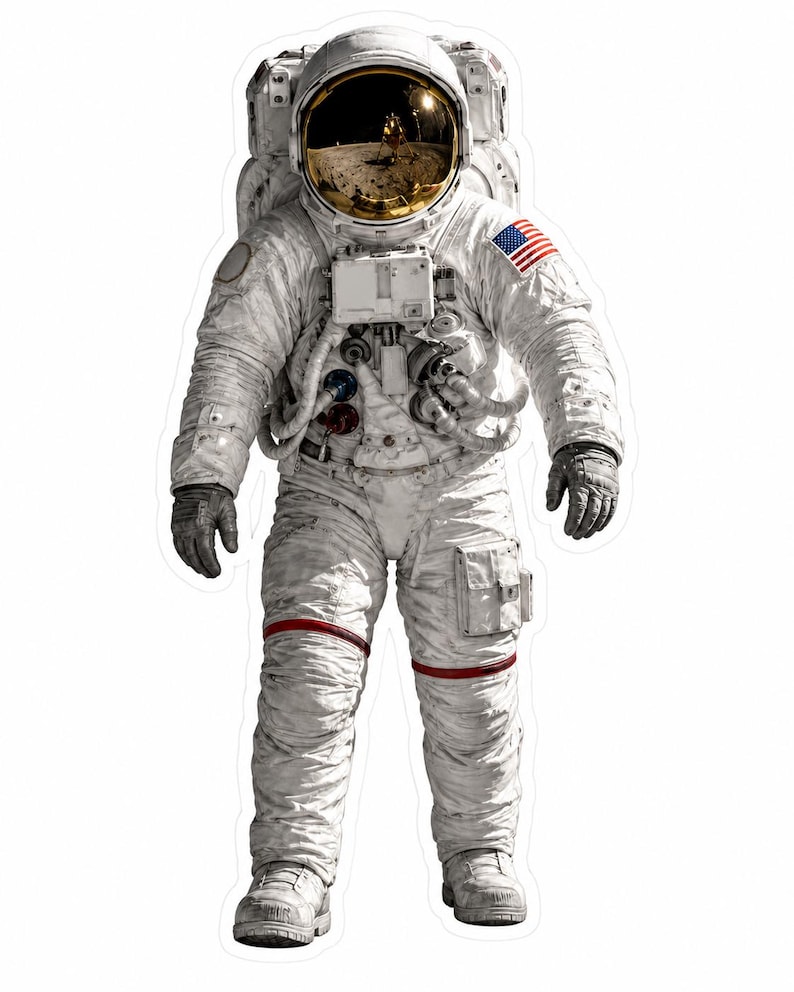 Op de afbeelding: Een afbeelding van een astronaut in een wit ruimtepak met een Amerikaanse vlagpatch. De gouden vizier van de helm weerspiegelt een maanlandschap. Rode strepen accentueren de benen van het pak. De handschoenen zijn grijs.