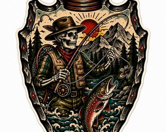 Pegatina de punta de flecha con tatuaje tradicional de la Parca y la Trucha. Calcomanía para pesca con mosca.