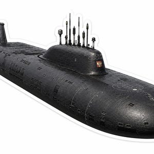 May include: A black submarine featuring a textured hull, a conning tower with multiple vertical antennas, and a rear propeller. The vessel displays a small emblem on the side of the conning tower and has a rounded bow with visible paneling.