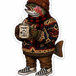 May include: A sticker illustration of a trout with a human-like body wearing a brown beanie, a red and black plaid scarf, and a patterned sweater. The fish holds a white mug with the text TIGHT LINES and a mountain graphic, wearing brown pants and black and white checkered slip-on shoes.