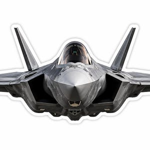 May include: A front-facing view of a gray F-35 Lightning II fighter jet. The aircraft features a pointed nose, a clear cockpit canopy, two angled vertical stabilizers, and wide, swept-back wings. The metallic surface shows subtle paneling details.