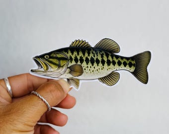 Può includere: Un adesivo di un pesce persico trota con la bocca aperta. Il pesce ha un motivo a macchie verdi e nere sul corpo, con dettagli gialli e bianchi. L'adesivo è tenuto su uno sfondo bianco.