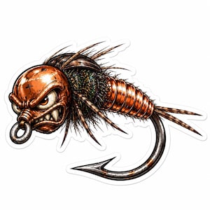 Könnte beinhalten: Ein Aufkleber mit einem stilisierten, aggressiv aussehenden insektenartigen Angelköder mit einem metallisch kupferfarbenen Kopf, scharfen Zähnen und einem segmentierten orangefarbenen Körper. Das Design zeigt einen großen, gebogenen silbernen Angelhaken.