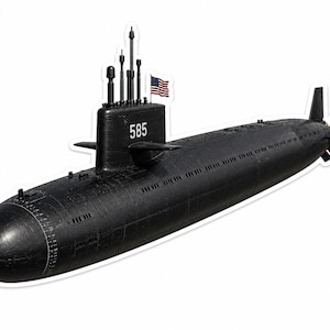 May include: A black submarine featuring the number 585 printed on the side of the conning tower. The vessel includes a series of vertical masts and antennas on top, with a small American flag attached. The hull has a textured, dark finish.