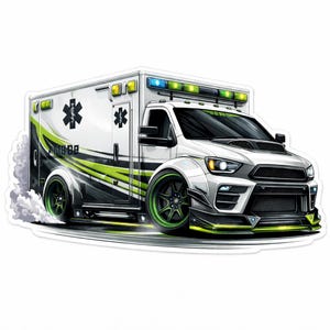 May include: A sticker of a stylized white ambulance with green and black accents. The ambulance has green wheels, emergency lights, and a star of life symbol. Smoke emanates from the tires, suggesting speed.