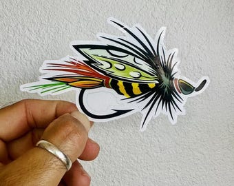 Pegatina de pesca con mosca, mosca, abeja, trucha, arcoíris, marrón, calcomanía de pesca de trucha de arroyo