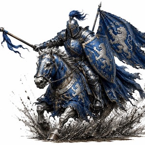 May include: A knight in polished steel armour with blue accents rides a horse wearing blue and silver barding. The knight holds a long spear and a shield featuring a silver lion emblem, while carrying a large blue flag with a matching lion design.