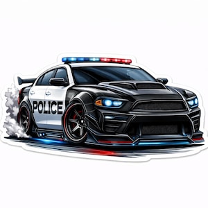 May include: A stylized police car sticker with a black and white design. The car features a red and blue light bar, the word "POLICE" on the side, and red and blue accent lights. The car appears to be in motion, with smoke coming from the tires.
