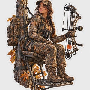 Bow Hunter Woman Sticker Shotgun and Waders Reed Hide with Mallard Decoy Hunting Tree Saddle Decal Blind Tent Tree Stand Compound Bow