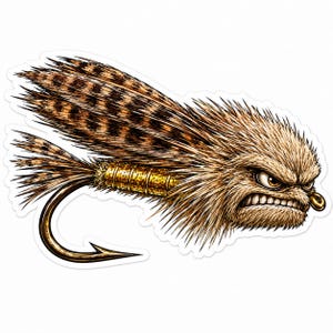 Pode incluir: Um autocolante com uma mosca de pesca estilizada com um rosto antropomórfico rabugento, textura semelhante a pelo castanho e penas com manchas escuras. A mosca tem um segmento corporal dourado e está presa a um anzol metálico curvo.