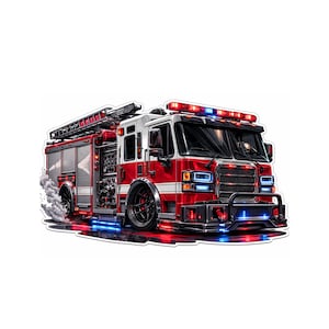 May include: A sticker of a red and white fire truck with a ladder on top. The fire truck has black wheels and is emitting smoke. The fire truck has red, blue, and white lights.