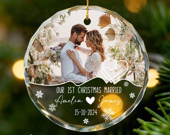 Personalized Glass Married Photo Ornament, Our First Christmas Married Keepsake, Couples Photo Ornament, Christmas Tree Glass Ornament