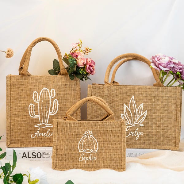 Cactus Tote Bag, Personalized Desert Themed Bachelorette, Customized Jute Gift Bags, Wedding Welcome Burlap Bags, Custom Proposal