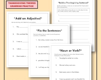 Grammaticawerkblad Thanksgiving | Cijfers 1-3 ELA-activiteit | Herbruikbare, droog uitwisbare middenvellen | Thanksgiving schrijfoefening afdrukbaar | Pdf