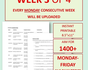 4 weken durende bootcamp-werkbladen voor geavanceerde SAT-grammatica en woordenschat | Week 3 van 4 (set van 5 dagen) | SAT-voorbereiding (1400+ niveau) | Afdrukbaar studiepakket | Pdf