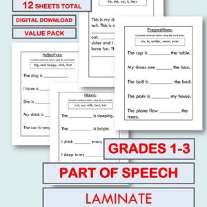 Folhas de exercícios sobre as classes gramaticais: Prática de gramática elementar (download digital, 3 conjuntos)