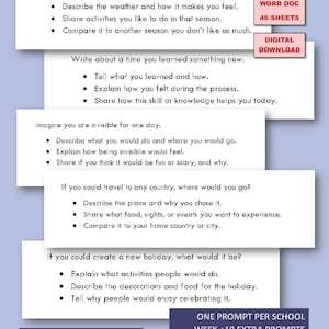 以下が含まれることがあります： 中学校の生徒向けの、印刷可能なライティングプロンプトのデジタルダウンロード。プロンプトは白い紙に黒いテキストで書かれており、お気に入りの季節、新しい学習体験、想像上のシナリオなどのトピックをカバーしています。 46枚のシートが含まれています。