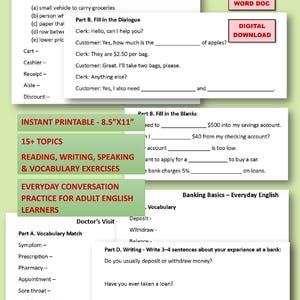 Op de afbeelding: Een afdrukbaar PDF-document voor volwassen Engelse leerlingen. Het document bevat vocabulaire-oefeningen, dialogen en schrijfopdrachten over onderwerpen als boodschappen doen, bankieren en doktersbezoeken. Digitale download.
