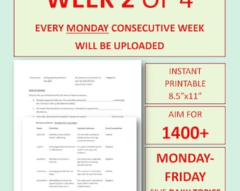 4 weken durende bootcamp-werkbladen voor geavanceerde SAT-grammatica en woordenschat | Week 2 van 4 (set van 5 dagen) | SAT-voorbereiding (1400+ niveau) | Afdrukbaar studiepakket | Pdf