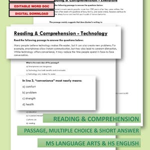 May include: A printable educational resource with the title "Reading & Comprehension." The document includes passages, multiple-choice questions, and short answer prompts. It is designed for MS and HS Language Arts, ELL/ESL classes, and SAT prep.