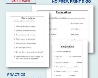 Werkblad voegwoorden (en, maar, of) voor leerlingen van de onderbouw | Printen en lamineren | Afdrukbare pdf grammatica | 3 sets