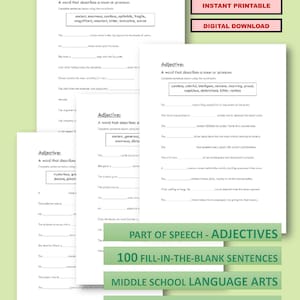 May include: A stack of printable worksheets for middle and high school language arts. The worksheets focus on adjectives and include fill-in-the-blank sentences. The image also includes the text "1 PDF - 10 SHEETS" and "INSTANT PRINTABLE".