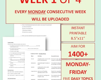 4 weken durende bootcamp-werkbladen voor geavanceerde SAT-grammatica en woordenschat | Week 1 van 4 (set van 5 dagen) | SAT-voorbereiding (1400+ niveau) | Afdrukbaar studiepakket | Pdf