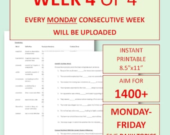 4 weken durende bootcamp-werkbladen voor geavanceerde SAT-grammatica en woordenschat | Week 4 van 4 (set van 5 dagen) | SAT-voorbereiding (1400+ niveau) | Afdrukbaar studiepakket | Pdf
