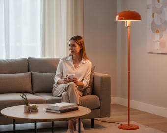 Luminária de chão laranja | Luminária de chão retrô minimalista | Iluminação E27 estilo meados do século | Luminária de chão decorativa ajustável para sala de estar e quarto