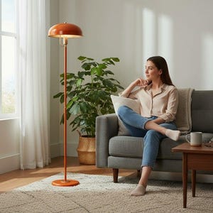 Puede incluir: Una lámpara de pie naranja y marrón con una pantalla en forma de cúpula en un salón. La lámpara está junto a un sofá gris, una mesa de centro de madera y una planta grande en una cesta. Una mujer está sentada en el sofá.