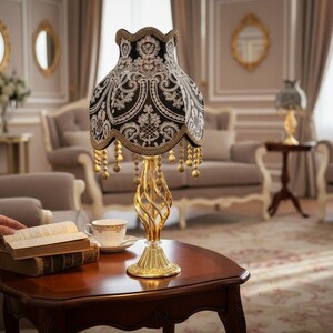 French Lace Table Lamp Smoky Grey Velvet Shade | Gold Twist Metal Base Classic Lamp | Luxury Vintage Bedroom