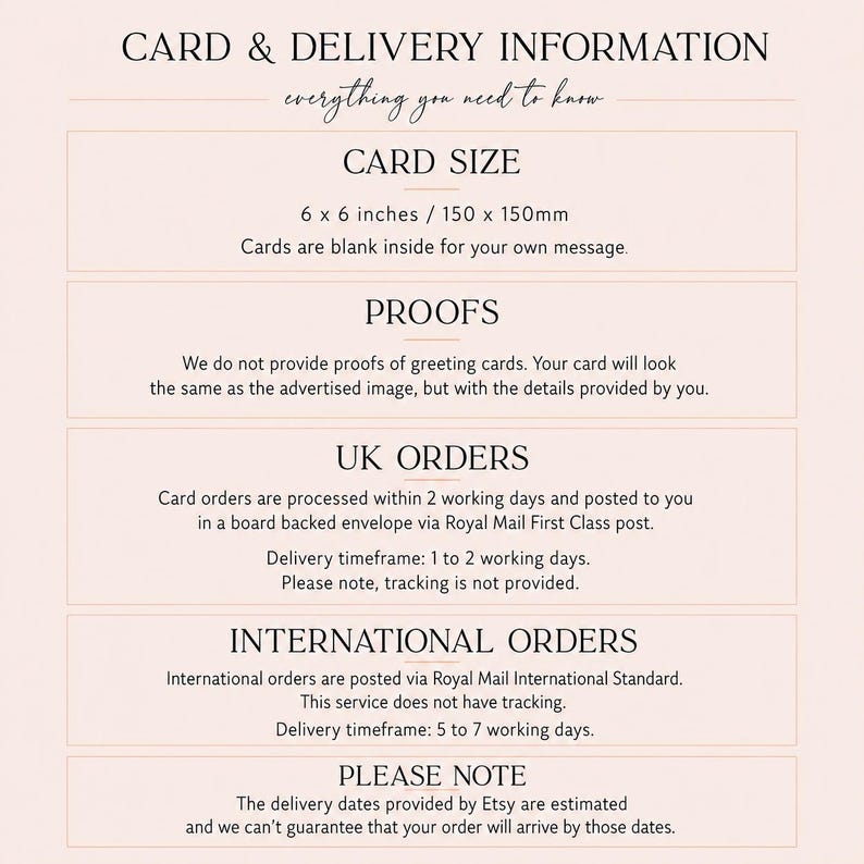 Pode incluir: Um gr&aacute;fico informativo intitulado CARD & DELIVERY INFORMATION num fundo rosa claro. Indica um tamanho de cart&atilde;o de 150 x 150mm, especifica que os cart&otilde;es est&atilde;o em branco por dentro e detalha as provas, o processamento e o envio.