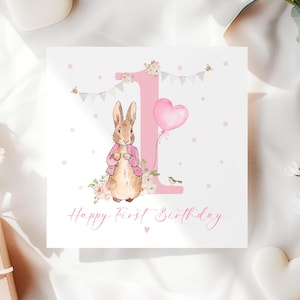Première carte d'anniversaire de fille, carte d'anniversaire de lapin floppy, carte d'âge 1 ans, carte de 1er anniversaire de fille, carte d'anniversaire de petite-fille