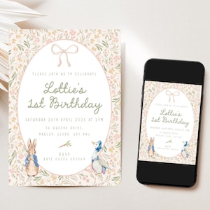 May include: A floral-themed invitation and a smartphone displaying the same design. The invitation reads "Lottie's 1st Birthday" with event details and RSVP information. The design includes illustrations of Peter Rabbit and other characters.
