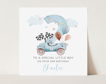 Tarjeta personalizada para el segundo cumpleaños de un niño, tarjeta de cumpleaños de coche de carreras, tarjeta para los 2 años, tarjeta de segundo cumpleaños para un niño, tarjeta de cumpleaños para un nieto.