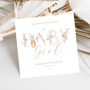 Carte personnalisée de bébé fille, nouvelle carte de fille, carte de félicitations de bébé, carte de nouveau bébé Flopsy