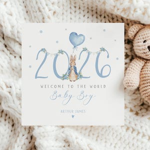 Personalised New Baby Boy Card, Peter Rabbit Baby Card, Born in 2026