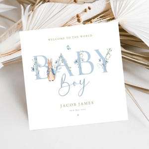 Carte personnalisée de bébé garçon, carte de nouveau fils, carte de félicitations de bébé, carte de bébé garçon Peter Rabbit