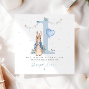 Carte d'anniversaire personnalisée pour garçon, carte d'anniversaire Peter Rabbit, carte d'âge 1 an, carte d'anniversaire de petit-fils, carte d'anniversaire de petit-fils