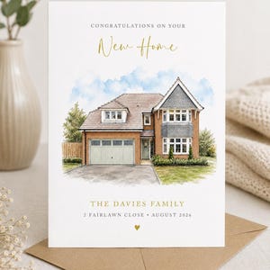 May include: A white greeting card featuring a watercolour illustration of a two-storey brick house with a garage. Text reads: CONGRATULATIONS ON YOUR New Home, THE DAVIES FAMILY, 2 FAIRLAWN CLOSE, AUGUST 2026, with a small gold heart icon below.