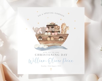 Personalised Boy's Christening Card, Godson Christening Card, Grandson Baptism Card, Son Christening, Noah's Ark Christening Card