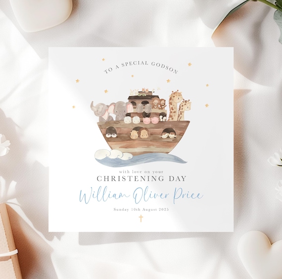 Personalised Boy's Christening Card, Godson Christening Card, Grandson Baptism Card, Son Christening, Noah's Ark Christening Card