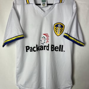 Vintage 90s Soccer Jersey | White Retro Football Shirt | Yellow Blue Trim | Packard Bell Style Top | Men’s Size Football  t shirt