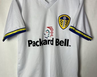 Vintage 90s Soccer Jersey | White Retro Football Shirt | Yellow Blue Trim | Packard Bell Style Top | Men’s Size Football  t shirt