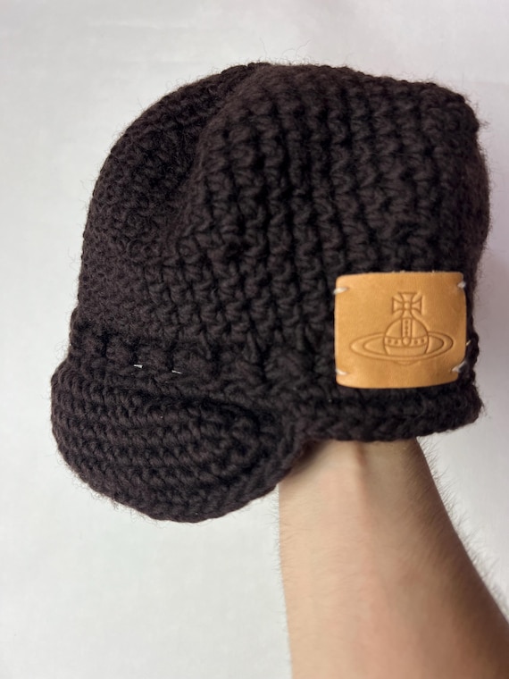 Vivienne Westwood Crochet Visor Beanie – Black Knit Cap with Leather Logo Patch – Unisex Designer Hat