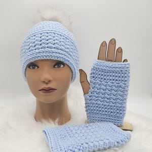 Crochet Beanie and Fingerless Gloves Set: Light Blue, Removable Pom